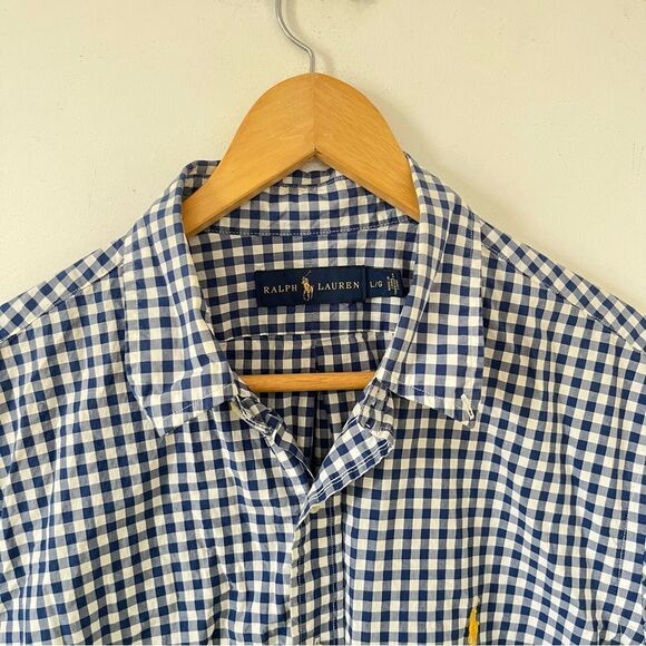Ralph Lauren Blue Label Navy White Gingham‎ Check Short Sleeve Dress Shirt - Picture 4 of 6